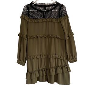 David Naman Italian Designer Green Mini Ruffle Dress with Mesh and Long Sleeves